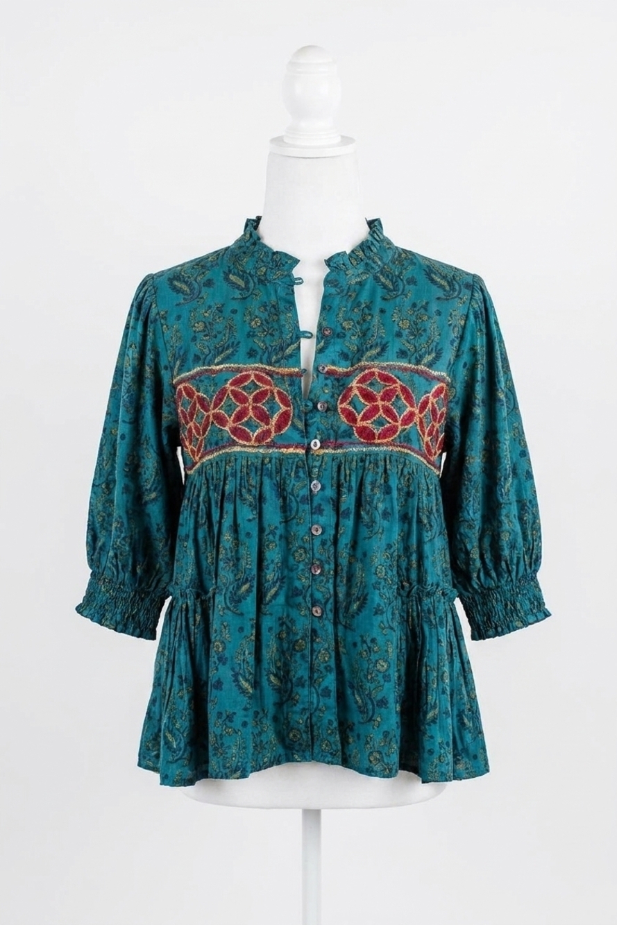 NEW LAYERZ CLOTHING embroidered paisley top in teal